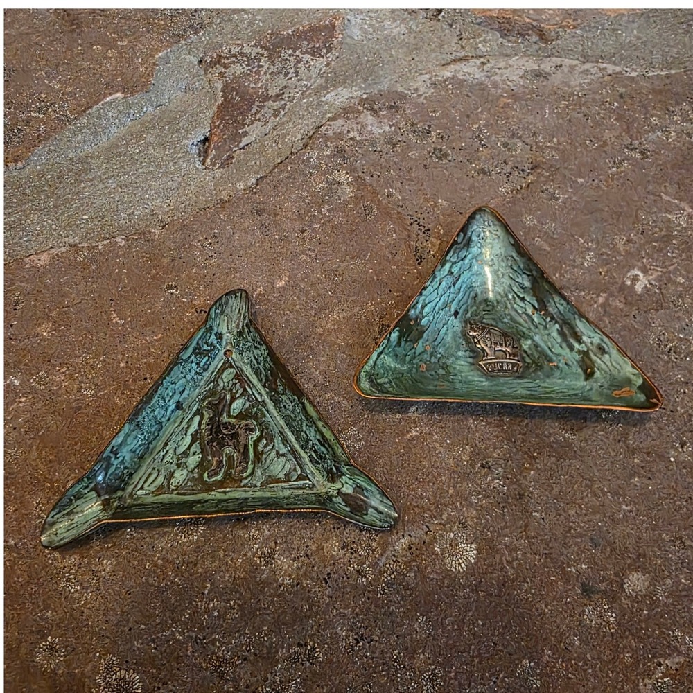 Vintage Peruvian Copper Sterling Triangle Verdigris Trinket Pucara Bull Llama